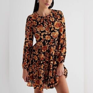 Boho Mini Shift Dress Long Sleeve Black Orange Floral Autumn Women’s Size Medium